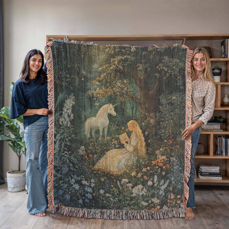 Maiden & Unicorn Tapestry, 100 Percent Cotton Woven Wall Hanging, Fantasy Artwork Blanket image 2