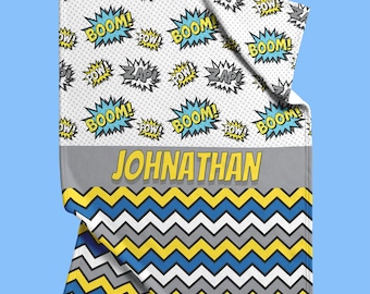 Manta personalizada con diseño de cómic, manta polar personalizada con nombre de superhéroe para la habitación de un niño pequeño.