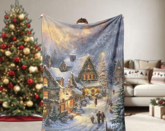 Christmas Village Sherpa Fleece Blanket, Vintage Style Winter Couch Throw, Cozy Holiday Decor, Nostalgic Xmas