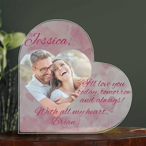Placa de corazón de acrílico personalizada para San Valentín, placa de corazón con foto personalizada y nombre, regalo personalizado para esposa, regalo de aniversario para ella