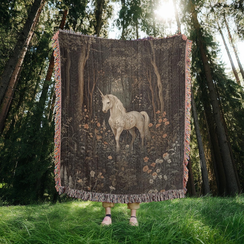 100 percent cotton Woven Tapestry or blanket with a medieval unicorn in a forest design