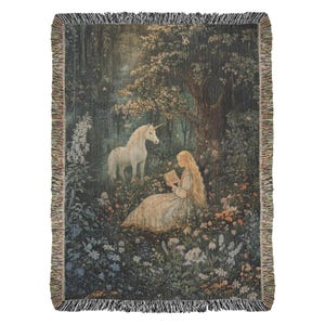 Maiden & Unicorn Tapestry, 100 Percent Cotton Woven Wall Hanging, Fantasy Artwork Blanket image 10
