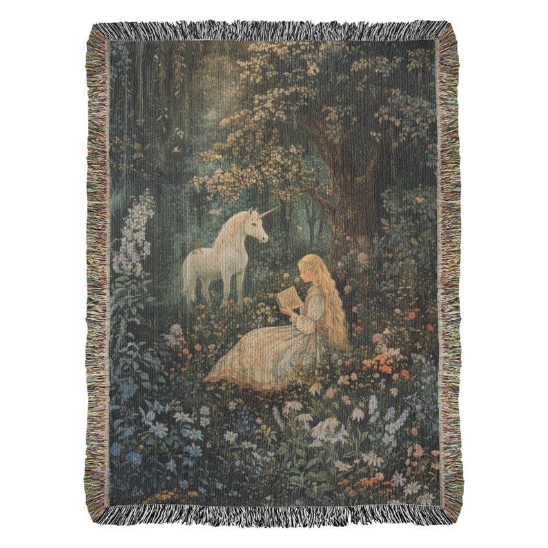 Maiden & Unicorn Tapestry, 100 Percent Cotton Woven Wall Hanging, Fantasy Artwork Blanket image 10