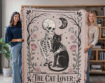 100 percent cotton Gothic Cat Woven Blanket, Skeleton Tarot Card Tapestry, Witchy Home Decor