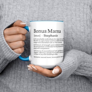 Custom Bonus Mama Definition Mug, Personalized Name Coffee Cup For Stepmom 15oz Blue