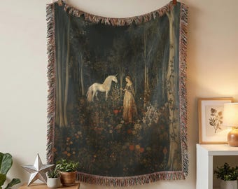 Maiden and Unicorn Woven Tapestry, 100% Cotton Medieval Wall Hanging, Castlecore Fairycore Throw Blanket, Dark Forest Decor