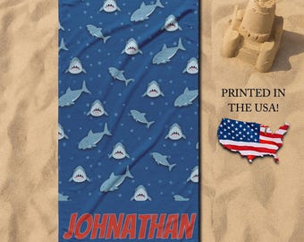 Personalized Shark Beach Towel for Kids, Custom Name Towel For Little Boys, Ocean Themed Towel, Toddler Pool Towel, Vacation Gift