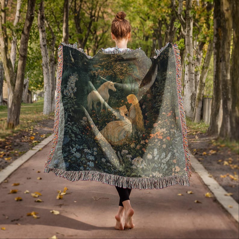 Maiden & Unicorn Tapestry, 100 Percent Cotton Woven Wall Hanging, Fantasy Artwork Blanket image 5
