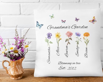 Cojín personalizado para el jardín de la abuela con los nombres de los nietos y flores del mes de su nacimiento, regalo personalizado del Día de la Madre para la abuela de parte de sus nietos.