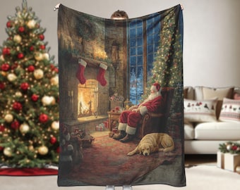 Nostalgic Christmas Sherpa Fleece Blanket, Santa and Dog Throw, Traditional Winter Home Decor