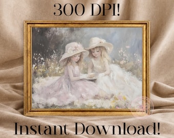Girls Tea Party Wall Art, Vintage Romantic Print, Printable Fine Artwork Instant Download