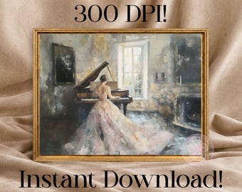 Victorian Woman Piano Digital Artwork Print, Soft Vintage Pink Wall Art (Instant Download)