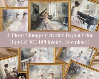 Victorian Ladies Digital Wall Art Bundle, 18 Printable Ballerina & Tea Party Paintings Set
