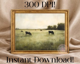 Vintage French Country Art, Printable Cow Pasture Print Digital Download, Cottagecore Farmhouse Decor