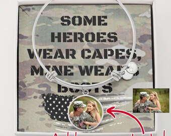 Personalized Photo Circle Bangle Bracelet, Custom Military-Themed Jewelry For Wife, Army Girlfriend