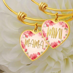 Mother And Daughter Luxury Heart Bangle Set, Mama And Mini Matching Bracelets, Valentines Day Gift For Wife And Daughter, Engraved Gold Set