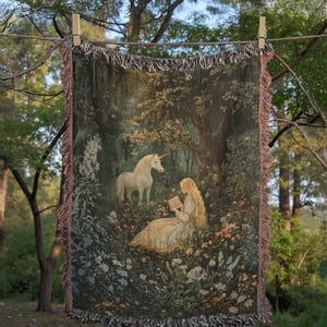 Maiden & Unicorn Tapestry, 100 Percent Cotton Woven Wall Hanging, Fantasy Artwork Blanket image 3
