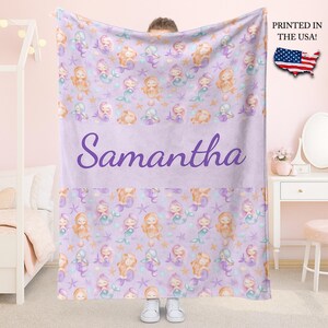 Personalized Mermaid Blanket for Girls, Custom Name Fleece Throw, Little Girl Name Blanket, Fairytale Bedroom Decor, Toddler Mermaid Bedding