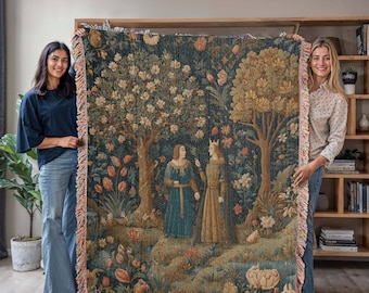 Medieval Tapestry Woven Blanket, 100% Cotton Heirloom Throw with Castlecore Artwork, Vintage-Inspired Home Decor or Gift