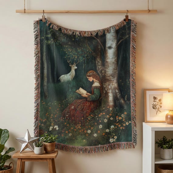 100 Percent Cotton Medieval Woven Tapestry, Maiden & White Stag Wall Hanging, Fringe Blanket, Historical Painting, Dark and Moody Decor Gift