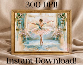 Vintage Ballerina Digital Wall Art, Romantic Floral Print, Printable Fine Art Instant Download