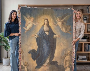 Assumption of Mary Woven Blanket, Catholic Throw, Religious Home Decor