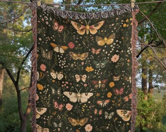 100% Cotton Goblincore Moth Woven Fringe Blanket, Forest Insect Tapestry, Cozy Nature-Inspired Decor, Dark Academia Housewarming Gift Idea