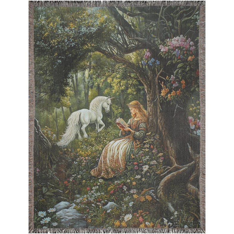 Tapisserie tissée à franges 100 % coton, jeune fille et licorne, couverture enchantée médiévale-fantastique, décor boisé, tenture murale cadeau art de la Renaissance image 5