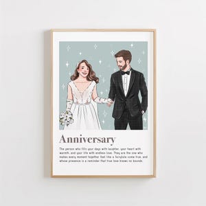 Gepersonaliseerde digitale jubileumprint | Op maat gemaakt portret van een stel met romantische boodschap | Uniek digitaal cadeau voor stellen