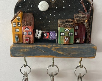 Handcrafted Wooden Village Scene Key Holder, Key Hooks, Key Organization, Key Sign, Wall Decoration, Special Gift, Handmade Wood Art