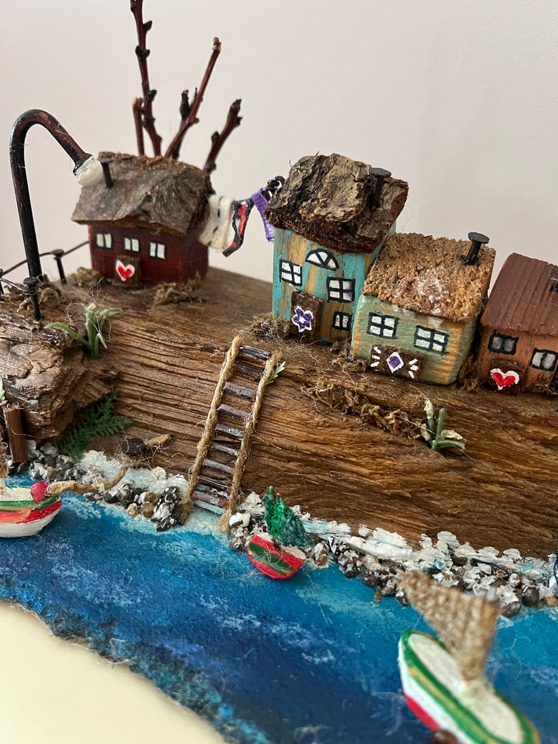 Handmade Village Scenery on a 3D Real Cut Wood Log for Centerpiece Decoration, Special Design Gift, Handmade Wood Art, Wood Painting image 6