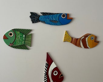 Handcrafted Designed Cut Wooden Fishes, Handmade Wood Wall Decoration, Special Gift, Handmade Wood Art, Cut Wood Log, Wood Frame Set of Four