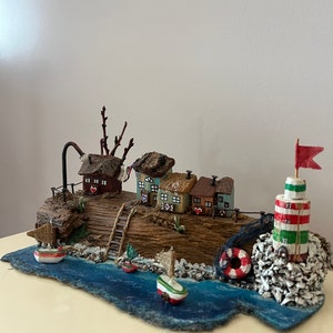 Handmade Village Scenery on a 3D Real Cut Wood Log for Centerpiece Decoration, Special Design Gift, Handmade Wood Art, Wood Painting image 2