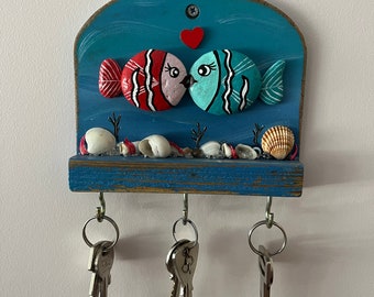 Handcrafted Wooden Stone Painted Fishes Key Holder, Key Hooks, Key Organization, Key Sign, Wall Decoration, Special Gift, Handmade Wood Art