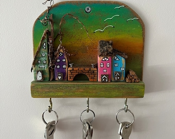 Handcrafted Wooden Village Scene Key Holder, Key Hooks, Key Organization, Key Sign, Wall Decoration, Special Gift, Handmade Wood Art