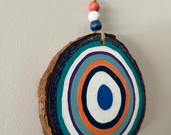 Handcrafted Evil Eye Bead Design on Original Tree Trunks - Wall Decoration, Special Gift, Handmade Wood Art, Cut Wood Log, Wood Painting