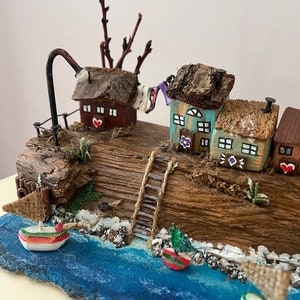 Handmade Village Scenery on a 3D Real Cut Wood Log for Centerpiece Decoration, Special Design Gift, Handmade Wood Art, Wood Painting image 4