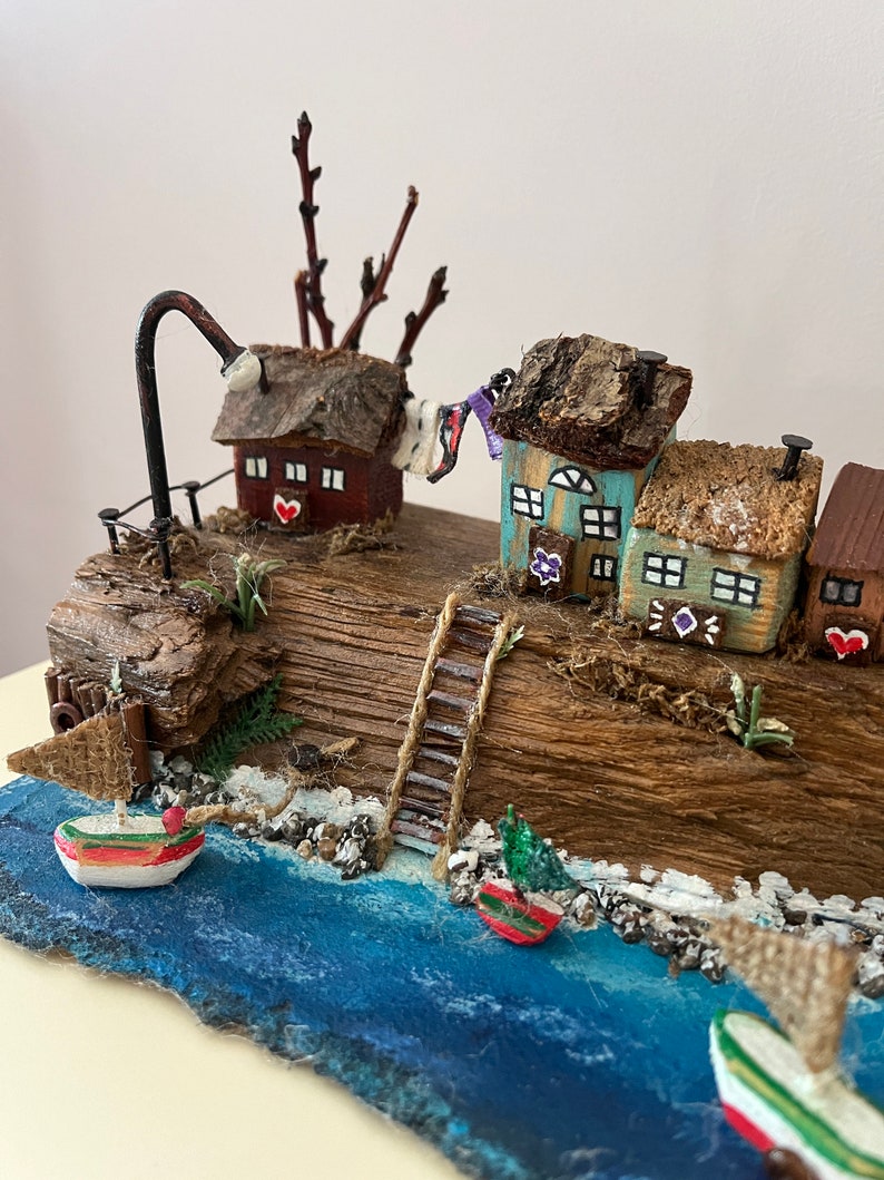 Handmade Village Scenery on a 3D Real Cut Wood Log for Centerpiece Decoration, Special Design Gift, Handmade Wood Art, Wood Painting image 4