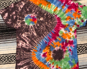 Abstract Festival Yin Yang Tie Dye T-Shirt Rainbow Brown Large