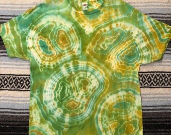 Handmade Tie Dye Festival T-Shirt Green and Gold Geode
