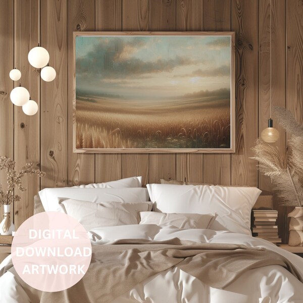 Field of wheat digital download cottagecore decor distressed vintage oil painting farmhouse wall art printable bedroom wall art