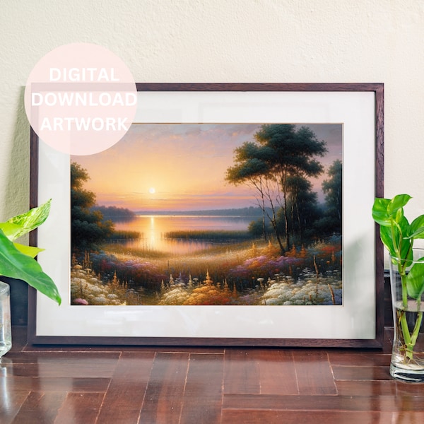 Digital download sunset by the lake cottagecore decor distressed vintage oil painting farmhouse wall art printable art bedroom wall art