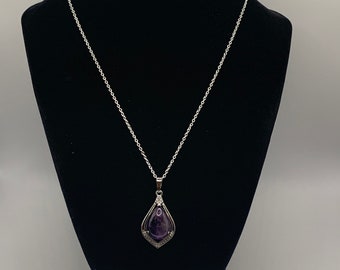 Natural Amethyst Pendant Necklace, Silver Amethyst Necklace, Rhinestone Amethyst Necklace, Calming, Healing Necklace, Gemstone Necklace