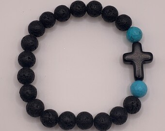 Pulsera de cuentas de roca de lava natural, pulsera de cuentas de color turquesa, pulsera de cuentas con cruz, pulsera de cuentas cruzadas, pulsera de cuentas de roca de lava turquesa