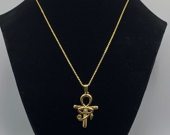 Gold Eye of Horus Necklace,  Gold Ankh Necklace, Gold Egyptian Necklace, Eye of Horus Ankh, Protective Necklace, Gold Rhinestone Necklace