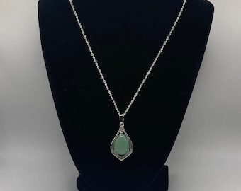 Natural Green Aventurine Pendant Necklace, Silver Aventurine Necklace, Rhinestone Aventurine Necklace, Natural Gemstone Necklace