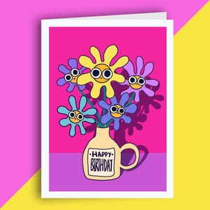 Verjaardagskaart met grappige bloemen / Verjaardagskaart met geïllustreerde bloemen / Meerkeuzeverjaardagskaart