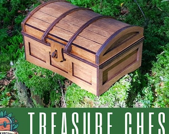 May include: A wooden treasure chest with a hinged lid and a metal latch. The chest is decorated with a wood grain pattern and has a dark brown finish.