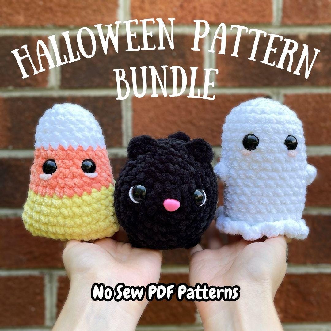 No Sew Halloween Crochet Pattern Bundle | Cat Pattern | Candy Corn Pattern | Ghost Pattern | Amigurumi Pattern | Crochet Plushie Pattern