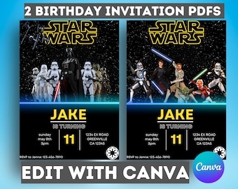Invitación de cumpleaños imprimible, invitación editable, descarga instantánea, invitación de estrella de guerras, invitación de guerra de estrellas, fiesta de cumpleaños de darth vader